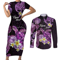 Personalised Aloha Hawaii Kauai Island Couples Matching Short Sleeve Bodycon Dress and Long Sleeve Button Shirt Garden Isle Map Sea Turtle Plumeria