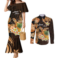 Personalised Aloha Hawaii Lanai Island Couples Matching Mermaid Dress and Long Sleeve Button Shirt Pineapple Isle Map Sea Turtle Plumeria