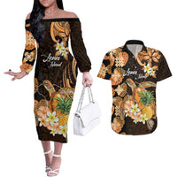 Personalised Aloha Hawaii Lanai Island Couples Matching Off The Shoulder Long Sleeve Dress and Hawaiian Shirt Pineapple Isle Map Sea Turtle Plumeria