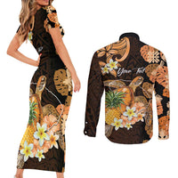 Personalised Aloha Hawaii Lanai Island Couples Matching Short Sleeve Bodycon Dress and Long Sleeve Button Shirt Pineapple Isle Map Sea Turtle Plumeria