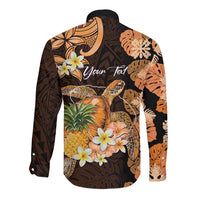 Personalised Aloha Hawaii Lanai Island Long Sleeve Button Shirt Pineapple Isle Map Sea Turtle Plumeria LT14 - Polynesian Pride