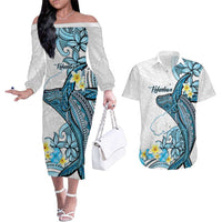 Personalised Aloha Hawaii Kahoolawe Island Couples Matching Off The Shoulder Long Sleeve Dress and Hawaiian Shirt Target Isle Map With Humpback Whale