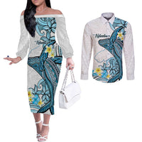 Personalised Aloha Hawaii Kahoolawe Island Couples Matching Off The Shoulder Long Sleeve Dress and Long Sleeve Button Shirt Target Isle Map With Humpback Whale