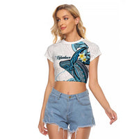 Personalised Aloha Hawaii Kahoolawe Island Raglan Cropped T Shirt Target Isle Map With Humpback Whale LT14 Female Blue - Polynesian Pride