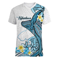 Personalised Aloha Hawaii Kahoolawe Island Women V-Neck T-Shirt Target Isle Map With Humpback Whale LT14 Female Blue - Polynesian Pride