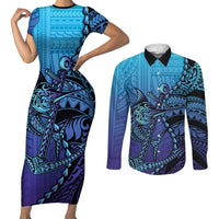 Personalised Polynesia Blue Marlin Fishing Couples Matching Short Sleeve Bodycon Dress and Long Sleeve Button Shirt Marlin Anchor Tattoo Polynesian Pattern