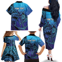 Personalised Polynesia Blue Marlin Fishing Family Matching Off The Shoulder Long Sleeve Dress and Hawaiian Shirt Marlin Anchor Tattoo Polynesian Pattern