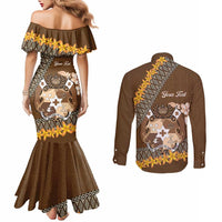Personalised Tonga Language Week Couples Matching Mermaid Dress and Long Sleeve Button Shirt Malo e Lelei Tongan Ngatu Pattern - Brown