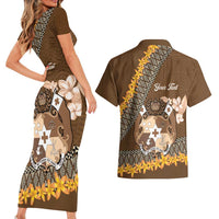 Personalised Tonga Language Week Couples Matching Short Sleeve Bodycon Dress and Hawaiian Shirt Malo e Lelei Tongan Ngatu Pattern - Brown