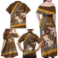 Personalised Tonga Language Week Family Matching Off Shoulder Maxi Dress and Hawaiian Shirt Malo e Lelei Tongan Ngatu Pattern - Brown