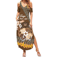Personalised Tonga Language Week Family Matching Summer Maxi Dress and Hawaiian Shirt Malo e Lelei Tongan Ngatu Pattern - Brown LT14 Mom's Dress Brown - Polynesian Pride
