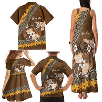 Personalised Tonga Language Week Family Matching Tank Maxi Dress and Hawaiian Shirt Malo e Lelei Tongan Ngatu Pattern - Brown LT14 - Polynesian Pride