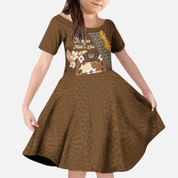 Personalised Tonga Language Week Kid Short Sleeve Dress Malo e Lelei Tongan Ngatu Pattern - Brown LT14 KID Brown - Polynesian Pride