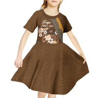 Personalised Tonga Language Week Kid Short Sleeve Dress Malo e Lelei Tongan Ngatu Pattern - Brown LT14 - Polynesian Pride