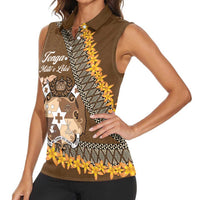 Personalised Tonga Language Week Women Sleeveless Polo Shirt Malo e Lelei Tongan Ngatu Pattern - Brown LT14 - Polynesian Pride
