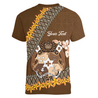Personalised Tonga Language Week Women V-Neck T-Shirt Malo e Lelei Tongan Ngatu Pattern - Brown LT14 - Polynesian Pride