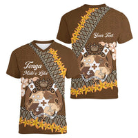Personalised Tonga Language Week Women V-Neck T-Shirt Malo e Lelei Tongan Ngatu Pattern - Brown LT14 - Polynesian Pride
