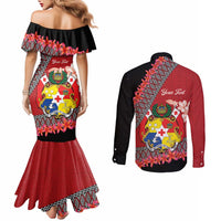 Personalised Tonga Language Week Couples Matching Mermaid Dress and Long Sleeve Button Shirt Malo e Lelei Tongan Ngatu Pattern - Red