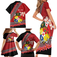Personalised Tonga Language Week Family Matching Short Sleeve Bodycon Dress and Hawaiian Shirt Malo e Lelei Tongan Ngatu Pattern - Red