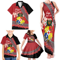 Personalised Tonga Language Week Family Matching Tank Maxi Dress and Hawaiian Shirt Malo e Lelei Tongan Ngatu Pattern - Red LT14 - Polynesian Pride