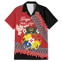 Personalised Tonga Language Week Family Matching Tank Maxi Dress and Hawaiian Shirt Malo e Lelei Tongan Ngatu Pattern - Red LT14 Dad's Shirt - Short Sleeve Red - Polynesian Pride