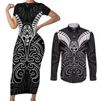 Kia Kaha Te Reo Maori Couples Matching Short Sleeve Bodycon Dress and Long Sleeve Button Shirt Aotearoa Hei Tiki With Hongi