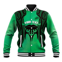 Personalised Moko Kauae New Zealand Baseball Jacket Maori Chin Tattoo Green - Polynesian Pride