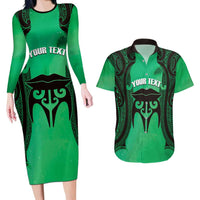 Personalised Moko Kauae New Zealand Couples Matching Long Sleeve Bodycon Dress and Hawaiian Shirt Maori Chin Tattoo Green - Polynesian Pride