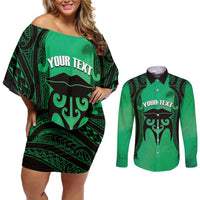 Personalised Moko Kauae New Zealand Couples Matching Off Shoulder Short Dress and Long Sleeve Button Shirt Maori Chin Tattoo Green - Polynesian Pride