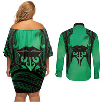 Personalised Moko Kauae New Zealand Couples Matching Off Shoulder Short Dress and Long Sleeve Button Shirt Maori Chin Tattoo Green - Polynesian Pride