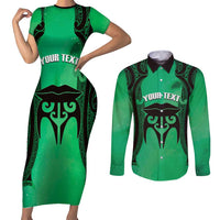 Personalised Moko Kauae New Zealand Couples Matching Short Sleeve Bodycon Dress and Long Sleeve Button Shirt Maori Chin Tattoo Green - Polynesian Pride