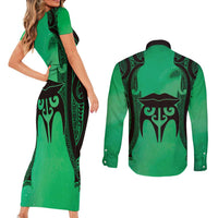 Personalised Moko Kauae New Zealand Couples Matching Short Sleeve Bodycon Dress and Long Sleeve Button Shirt Maori Chin Tattoo Green - Polynesian Pride