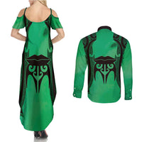 Personalised Moko Kauae New Zealand Couples Matching Summer Maxi Dress and Long Sleeve Button Shirt Maori Chin Tattoo Green - Polynesian Pride