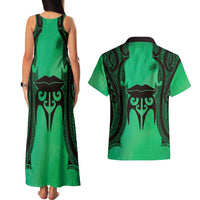 Personalised Moko Kauae New Zealand Couples Matching Tank Maxi Dress and Hawaiian Shirt Maori Chin Tattoo Green - Polynesian Pride