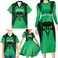 Personalised Moko Kauae New Zealand Family Matching Long Sleeve Bodycon Dress and Hawaiian Shirt Maori Chin Tattoo Green - Polynesian Pride