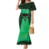 Personalised Moko Kauae New Zealand Family Matching Mermaid Dress and Hawaiian Shirt Maori Chin Tattoo Green - Polynesian Pride