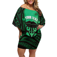 Personalised Moko Kauae New Zealand Family Matching Off Shoulder Short Dress and Hawaiian Shirt Maori Chin Tattoo Green - Polynesian Pride