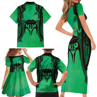 Personalised Moko Kauae New Zealand Family Matching Short Sleeve Bodycon Dress and Hawaiian Shirt Maori Chin Tattoo Green - Polynesian Pride