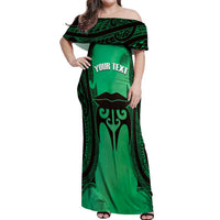 Personalised Moko Kauae New Zealand Off Shoulder Maxi Dress Maori Chin Tattoo Green - Polynesian Pride