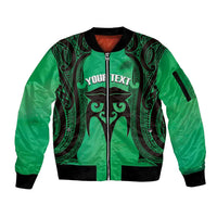 Personalised Moko Kauae New Zealand Sleeve Zip Bomber Jacket Maori Chin Tattoo Green - Polynesian Pride