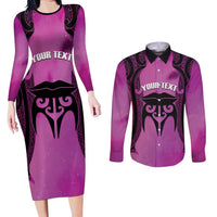 Personalised Moko Kauae New Zealand Couples Matching Long Sleeve Bodycon Dress and Long Sleeve Button Shirt Maori Chin Tattoo Pink - Polynesian Pride