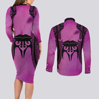 Personalised Moko Kauae New Zealand Couples Matching Long Sleeve Bodycon Dress and Long Sleeve Button Shirt Maori Chin Tattoo Pink - Polynesian Pride
