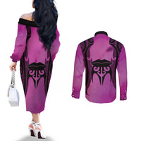 Personalised Moko Kauae New Zealand Couples Matching Off The Shoulder Long Sleeve Dress and Long Sleeve Button Shirt Maori Chin Tattoo Pink - Polynesian Pride