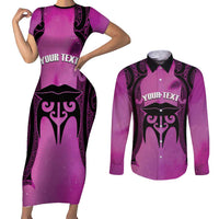 Personalised Moko Kauae New Zealand Couples Matching Short Sleeve Bodycon Dress and Long Sleeve Button Shirt Maori Chin Tattoo Pink - Polynesian Pride