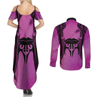 Personalised Moko Kauae New Zealand Couples Matching Summer Maxi Dress and Long Sleeve Button Shirt Maori Chin Tattoo Pink - Polynesian Pride