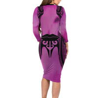 Personalised Moko Kauae New Zealand Family Matching Long Sleeve Bodycon Dress and Hawaiian Shirt Maori Chin Tattoo Pink - Polynesian Pride