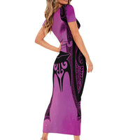 Personalised Moko Kauae New Zealand Short Sleeve Bodycon Dress Maori Chin Tattoo Pink - Polynesian Pride