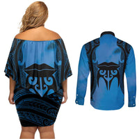 Personalised Moko Kauae New Zealand Couples Matching Off Shoulder Short Dress and Long Sleeve Button Shirt Maori Chin Tattoo Blue - Polynesian Pride