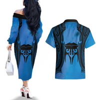 Personalised Moko Kauae New Zealand Couples Matching Off The Shoulder Long Sleeve Dress and Hawaiian Shirt Maori Chin Tattoo Blue - Polynesian Pride