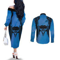 Personalised Moko Kauae New Zealand Couples Matching Off The Shoulder Long Sleeve Dress and Long Sleeve Button Shirt Maori Chin Tattoo Blue - Polynesian Pride